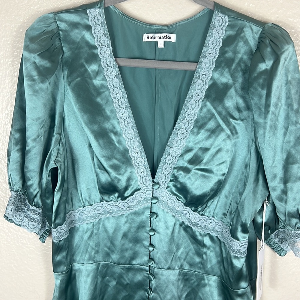 Reformation Birgitta Silk Mini Dress Verdigris - Picture 10 of 11